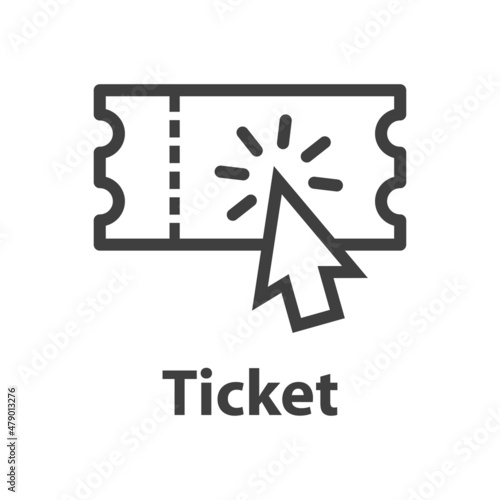 Logo compra entrada online. Icono ticket con flecha como cursor con líneas en color gris
