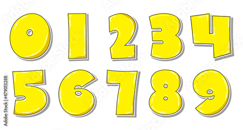 Set of pop art yellow numbers with shadow isolated on white.