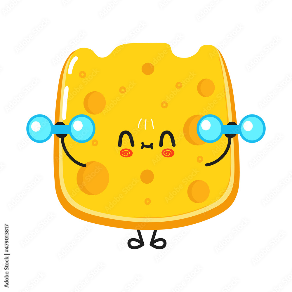 Cute funny cheese character with dumbbells. Vector hand drawn cartoon kawaii character illustration icon. Isolated on white background. Cheese character gym concept Cute funny cheese character with dumbbells. Vector hand drawn cartoon kawaii character illustration icon. Isolated on white background. Cheese character gym concept