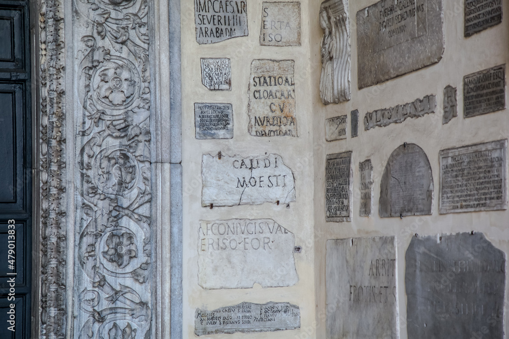 Pagan and early Christian Latin inscriptions in the portico of the Basilica of Santa Maria in Trastevere in Rome
