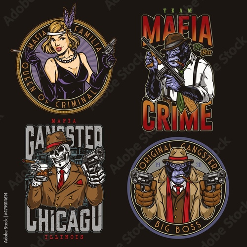 Colorful mob bosses vintage emblems set