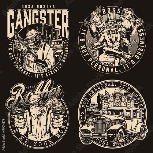 Vintage round badges set with mafia characters