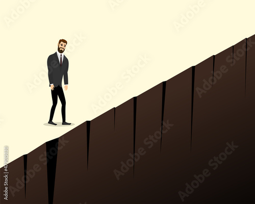 Depressed sad businessman stand on cliff edge. Business man crisis and burnout concept. Tired person looking down to abyss. Male manager character in dangerous situation. Vector eps illustration