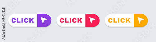 Click here web buttons. Click button with arrow. Clicking the icon. Action button click here with arrow pointer. Vector illustration.