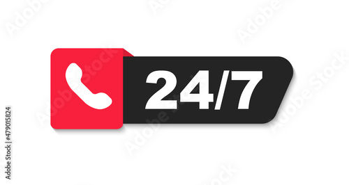 24 7 service. 24-7 open, concept with call icon. Phone Support 24 hours a day and 7 days a week. Support service. Vector Illustration.