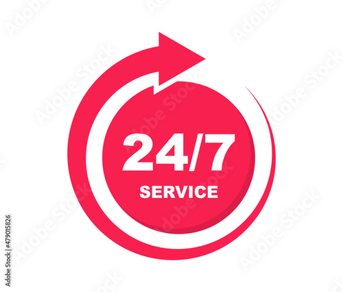 24 7 service. 24-7 open, concept with arrow icon. Support service 24 hours a day and 7 days a week. Vector Illustration.