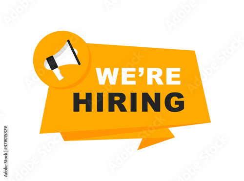 We are hiring banner. Vacancy announcement. Hiring and recruiting employees. Business recruitment concept. Alert banner with megaphone. Banner for marketing, flyers, posters and advertising.