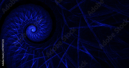 Abstract colorful glowing blue shapes form spiral. Fantasy light background. Digital fractal art. 3d rendering.