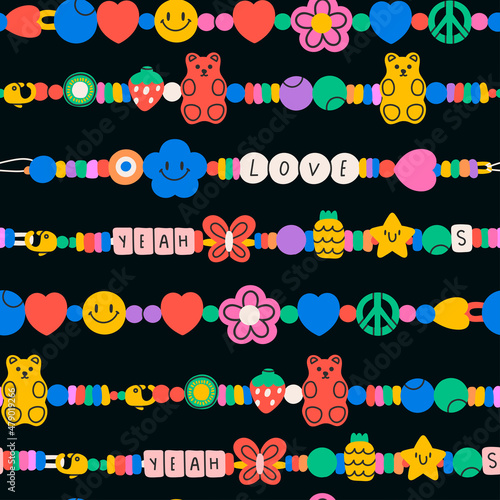 Plastic beads Bracelets. Old school colorful funky bracelets with letters, star, heart, peace sign, gummy bear, flower. Cartoon 90s style. Hand drawn Vector illustration. Square seamless Pattern