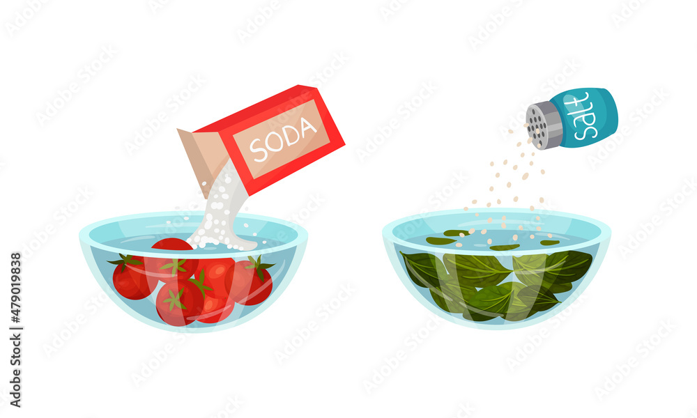 Salting Greenery and Pouring Soda in Bowl with Steeping Tomato as
