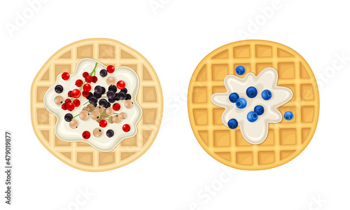 Waffle with Surface Impression Topped with Berry and Cream Vector Set