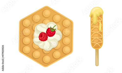 Waffle with Surface Impression Topped with Berry and Cream Vector Set