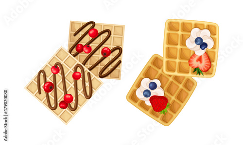 Waffle with Surface Impression Topped with Berry and Cream Vector Set