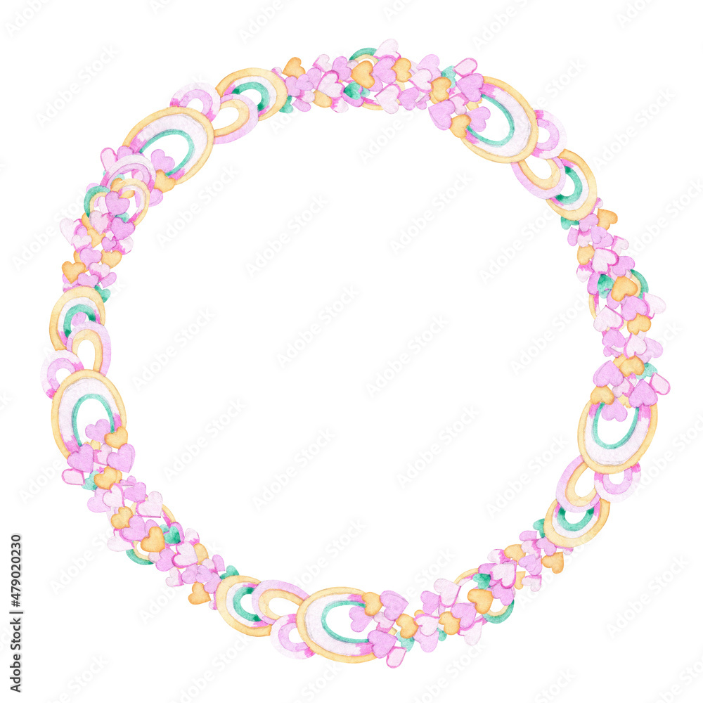 Wreath, rainbows and hearts. Hand drawn watercolor illustration on white background. Frame with place for text. A romantic design in soft pink colors.
