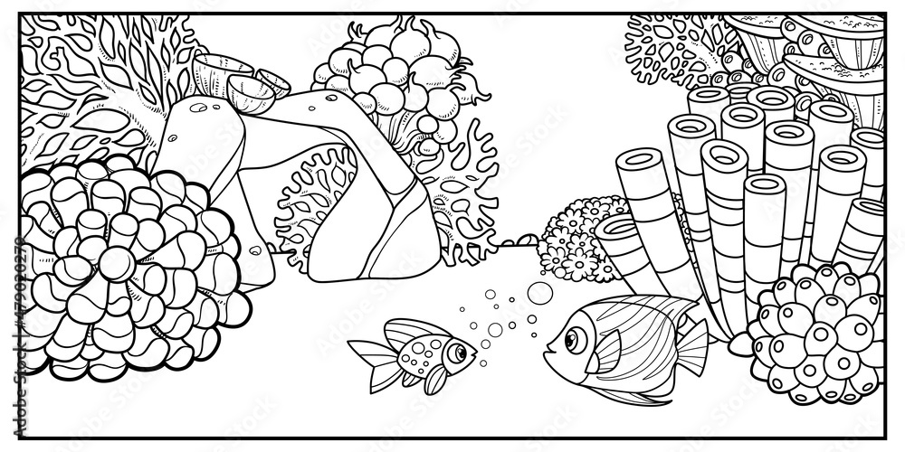 Two fish on the background of the seabed with stones, corals, sponges and algae linear drawing for coloring on a white background Two fish on the background of the seabed with stones, corals, sponges and algae linear drawing for coloring on a white background
