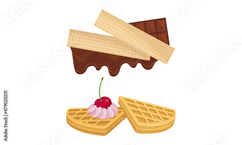Waffle with Surface Impression Topped with Berry and Cream Vector Set