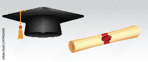 Fotografie, Obraz Set of realistic university graduation cap or diploma graduation black cap or graduate cap at college ceremony and achievement academic degree