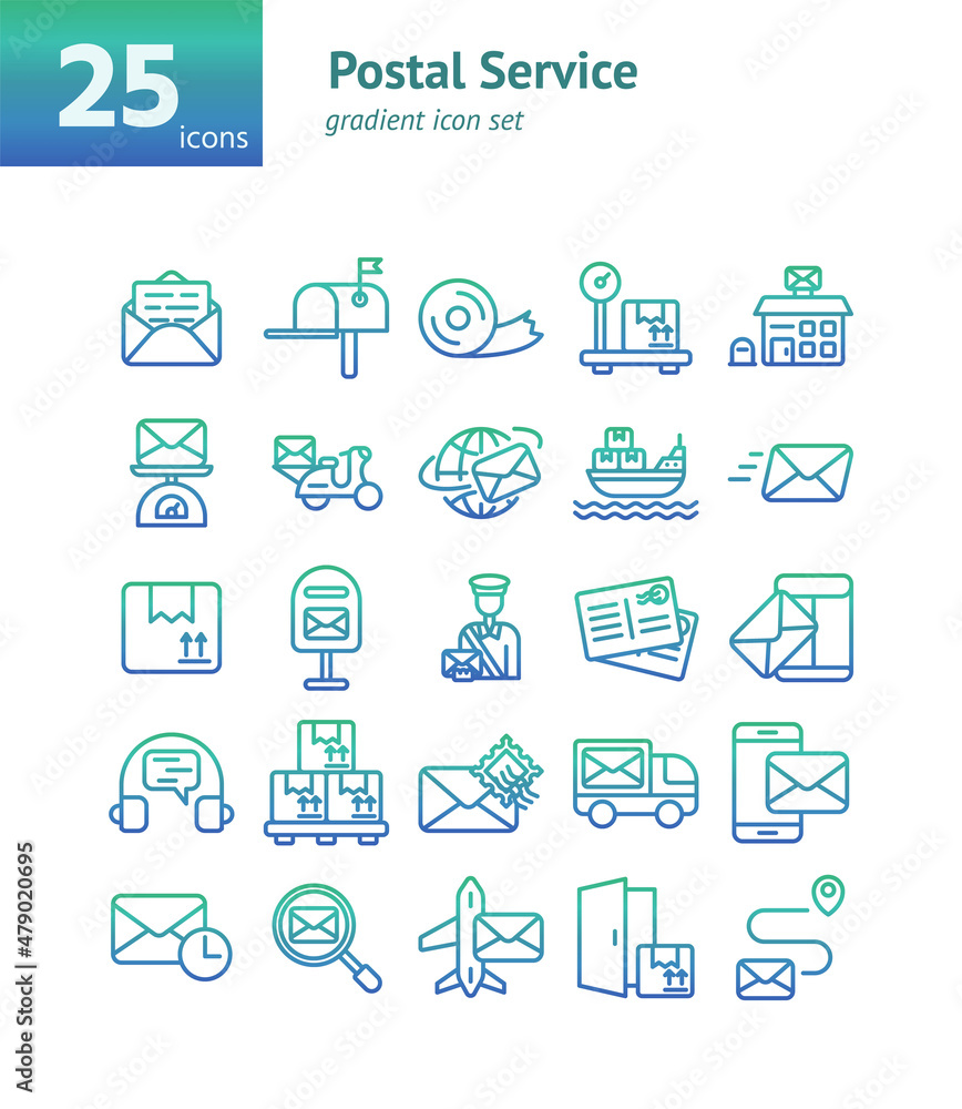 Postal Service gradient icon set. Vector and Illustration.