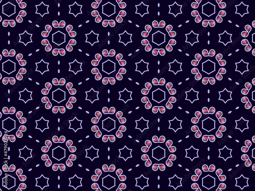 Hypnotic pink neon abstract flower pattern on a black background. Hypnotic pink neon abstract flower pattern on a black background.