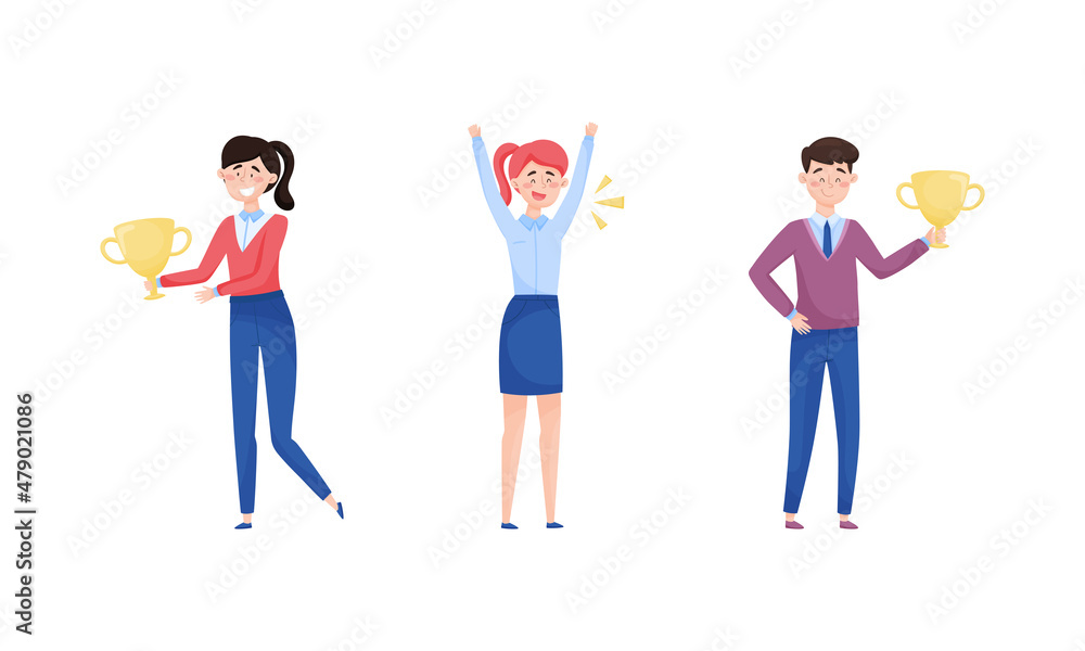 Excited Man and Woman Employee Cheering About Achievement and Prize Gaining Vector Set