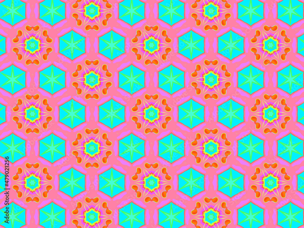 Modern colorful and vibrant pattern with abstract flowers in pink, teal and blue colors. Surface design for spring / summer textile, fashionable packaging, wrapping/tissue paper.