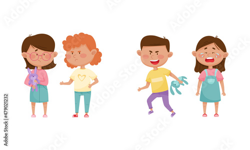 Warring Boy and Girl Taking Toy Hare Away from Crying Girl Agemate Vector Set