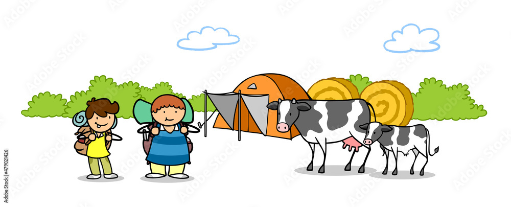 Fototapeta premium Kinder beim Camping neben Zelt und Kuh mit Kalb