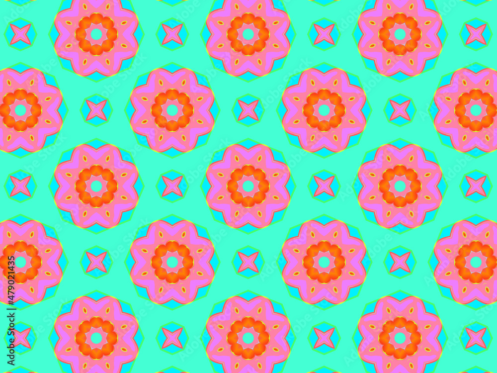 Modern colorful and vibrant pattern with abstract flowers in pink, teal and blue colors. Surface design for spring / summer textile, fashionable packaging, wrapping/tissue paper. Modern colorful and vibrant pattern with abstract flowers in pink, teal and blue colors. Surface design for spring / summer textile, fashionable packaging, wrapping/tissue paper.