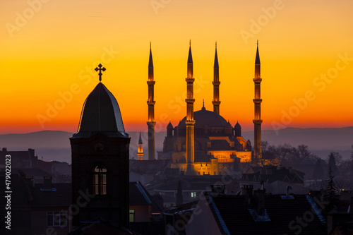 Bulgarian Sveti George Church and Selimiye Mosque at sunset, Edirne, Turkey. photo