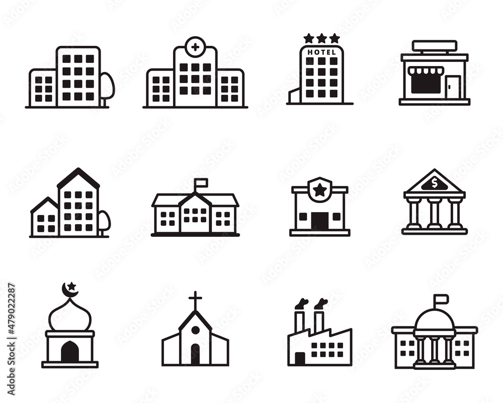 Set of buildings icon with simple black design isolated on white background