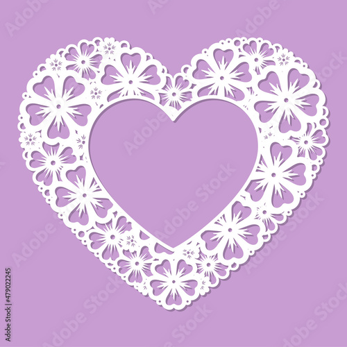 Template for laser cutting frame in the shape of a heart with a floral pattern. For cutting from any material. For the design of frames, postcards, interior elements. Vector