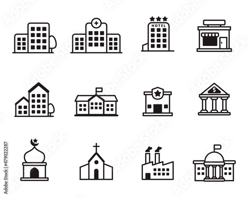 Set of buildings icon with simple black design isolated on white background photo