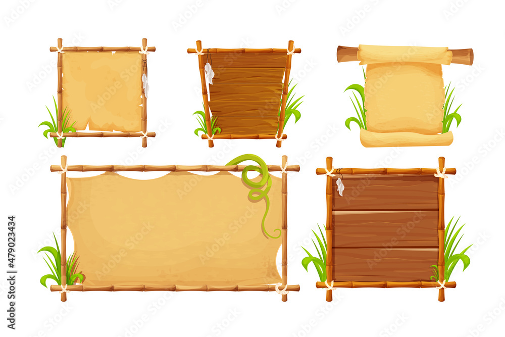 Set Frames from bamboo sticks, wooden planks, parchment paper decorated with rope, grass and liana in comic cartoon style isolated on white background. Border, jungle panel. Game asset, menu Set Frames from bamboo sticks, wooden planks, parchment paper decorated with rope, grass and liana in comic cartoon style isolated on white background. Border, jungle panel. Game asset, menu