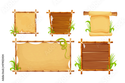 Set Frames from bamboo sticks, wooden planks, parchment paper decorated with rope, grass and liana in comic cartoon style isolated on white background. Border, jungle panel. Game asset, menu