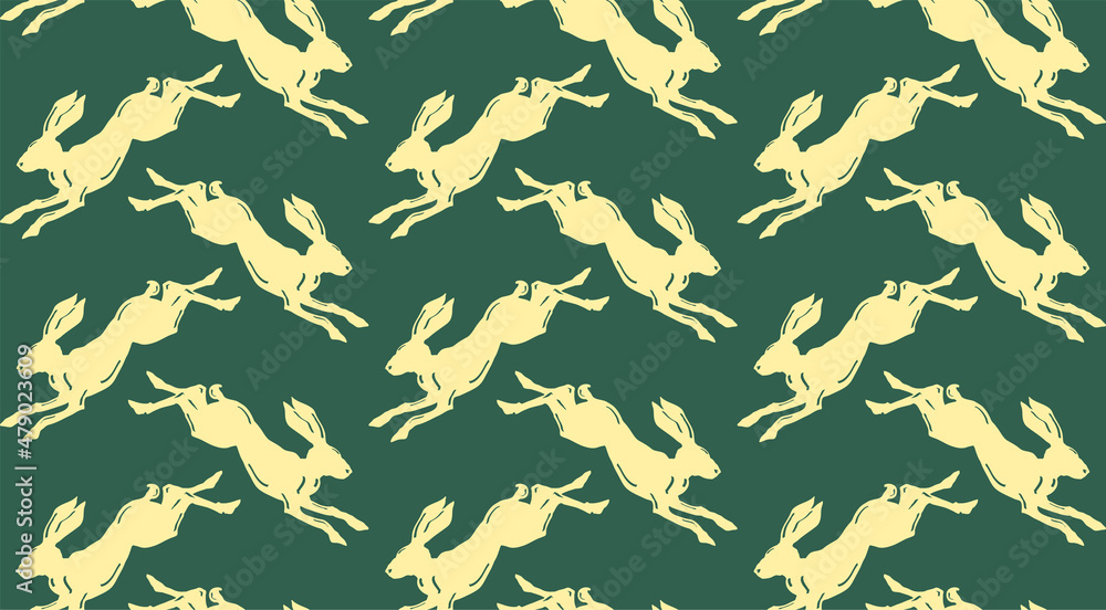 Racing yellow hare seamless vector pattern on green background. Racing yellow hare seamless vector pattern on green background.