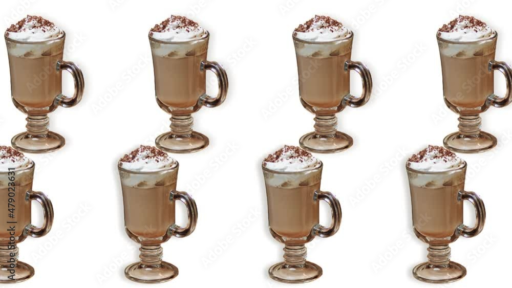 two lines with many delicious hot latte coffee in a glass mugs animated in different direction on the white color background. Breakfast or coffee shop concept. High quality 4k UHD footage. two lines with many delicious hot latte coffee in a glass mugs animated in different direction on the white color background. Breakfast or coffee shop concept. High quality 4k UHD footage.