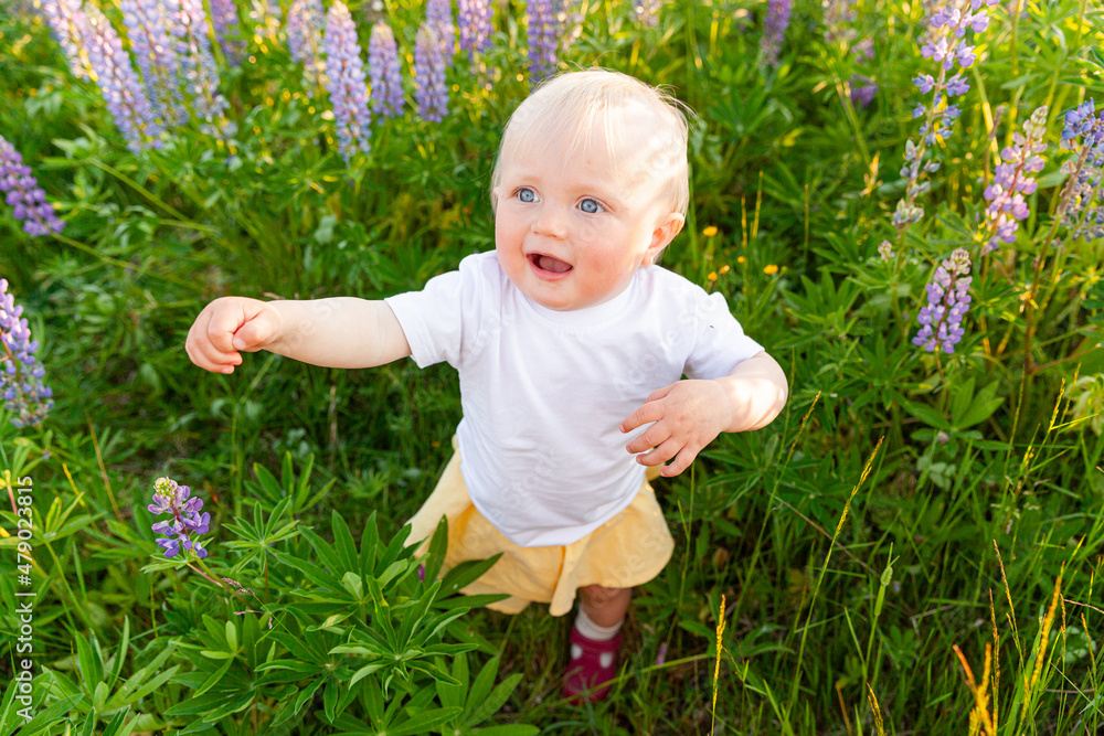 Happy little girl smiling outdoor. Beautiful blond young baby girl resting on summer field with blooming wild flowers green background. Free happy kid, childhood concept. Positive toddler child Happy little girl smiling outdoor. Beautiful blond young baby girl resting on summer field with blooming wild flowers green background. Free happy kid, childhood concept. Positive toddler child