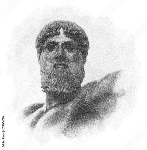 Pencil sketch drawing of the Artemision Bronze. Bronze statue Zeus or Poseidon. Ancient Greek sculpture. Poster, Wall Decoration, Postcard, Social Media Banner, Brochure Cover Design. Vector Pattern.