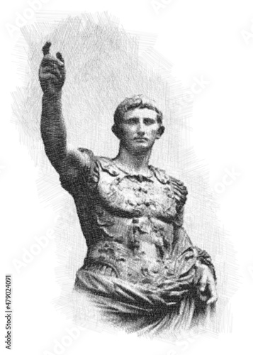 Pencil sketch drawing of the Augustus from Prima Porta. Emperor of the Roman Empire. Ancient Roman sculpture. Poster, Wall Decoration, Postcard, Social Media Banner, Brochure Cover Design Background. 