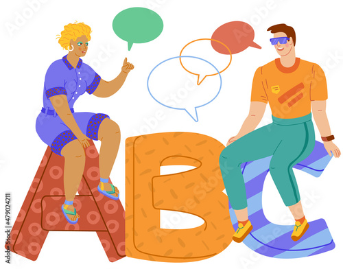 Cartoon illustration with people sitting on big letters and discussing.