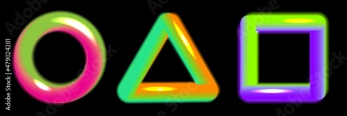 Set of neon or bright liquid colored shapes circle, triangle and square isolated on black