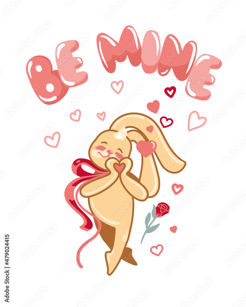 Happy bunny congratulates on the holiday Happy Valentine's Day. Postcard, invitation. Vector.