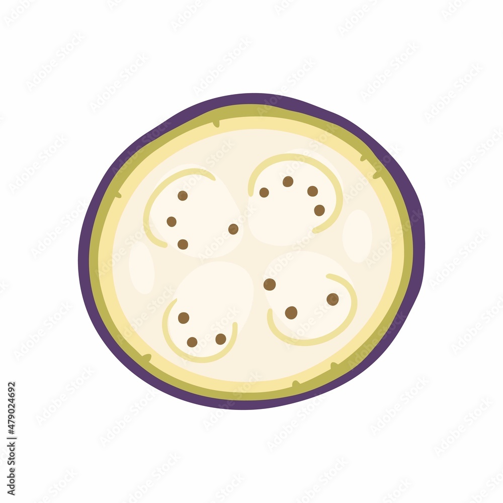 Fototapeta premium Round slice of eggplant isolated on white background. Illustration in cartoon flat style.