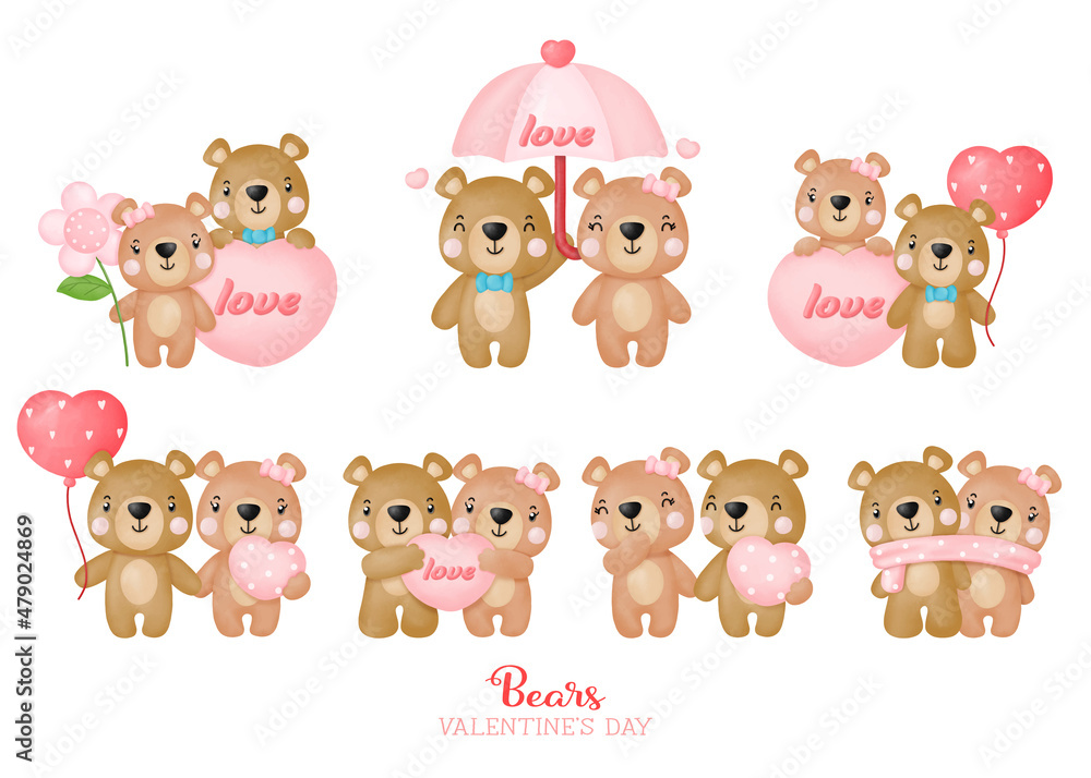 Watercolor cute teddy bear love valentines day, Digital painting Watercolor cute teddy bear love valentines day, Digital painting