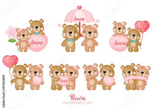 Watercolor cute teddy bear love valentines day, Digital painting