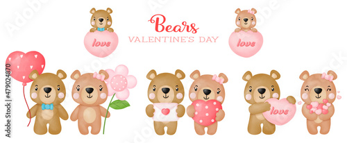 Watercolor cute teddy bear love valentines day, Digital painting