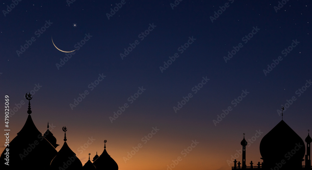 Silhouette dome mosques and crescent moon on dusk sky in the evening free space for txt and symbol of religion Islamic in Ramadan Kareem month Silhouette dome mosques and crescent moon on dusk sky in the evening free space for txt and symbol of religion Islamic in Ramadan Kareem month