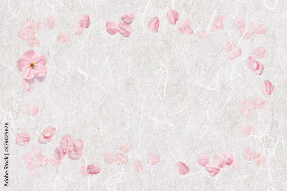 漉き込んだ桜と舞い散る桜、花びらフレームの白い和紙