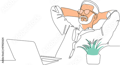 One continuous line is a concept. Continuous drawing of a line of a young happy calm man in glasses sit relax, a loan officer is successfully negotiating with a bank customer. Vector illustration