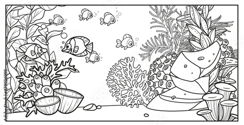 Underwater inhabitants against the backdrop of the seabed of corals, algae, sponges, stones and anemones  outlined variation for coloring page